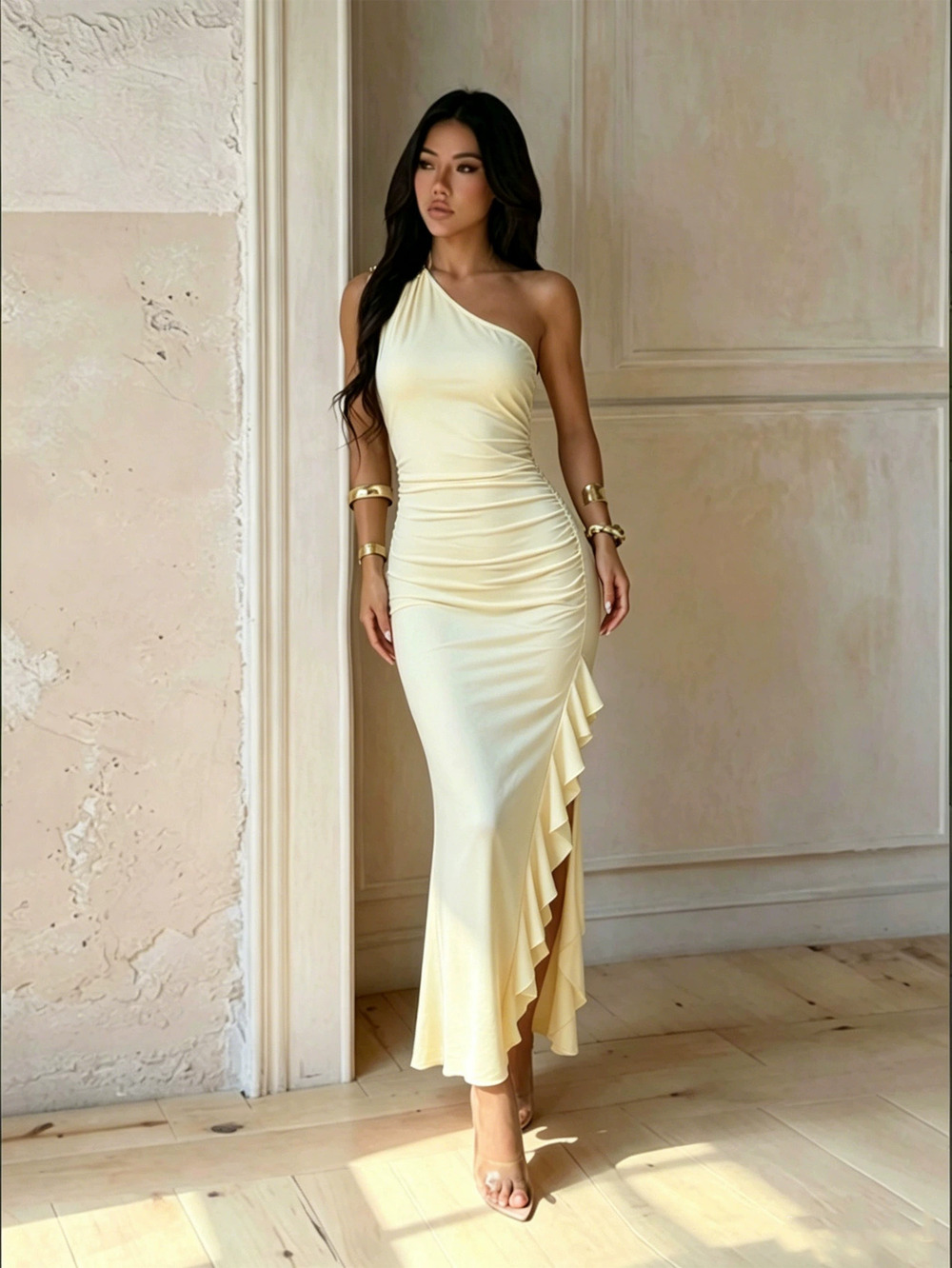 Zara Alluring Milk Yellow One Shoulder Slim Fishtail Maxi Dress Side Slit